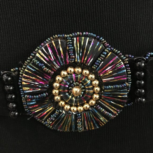 Beaded Medallion Belt Womens One Size Black Elastic Boho Statement Iridescent - Picture 2 of 7